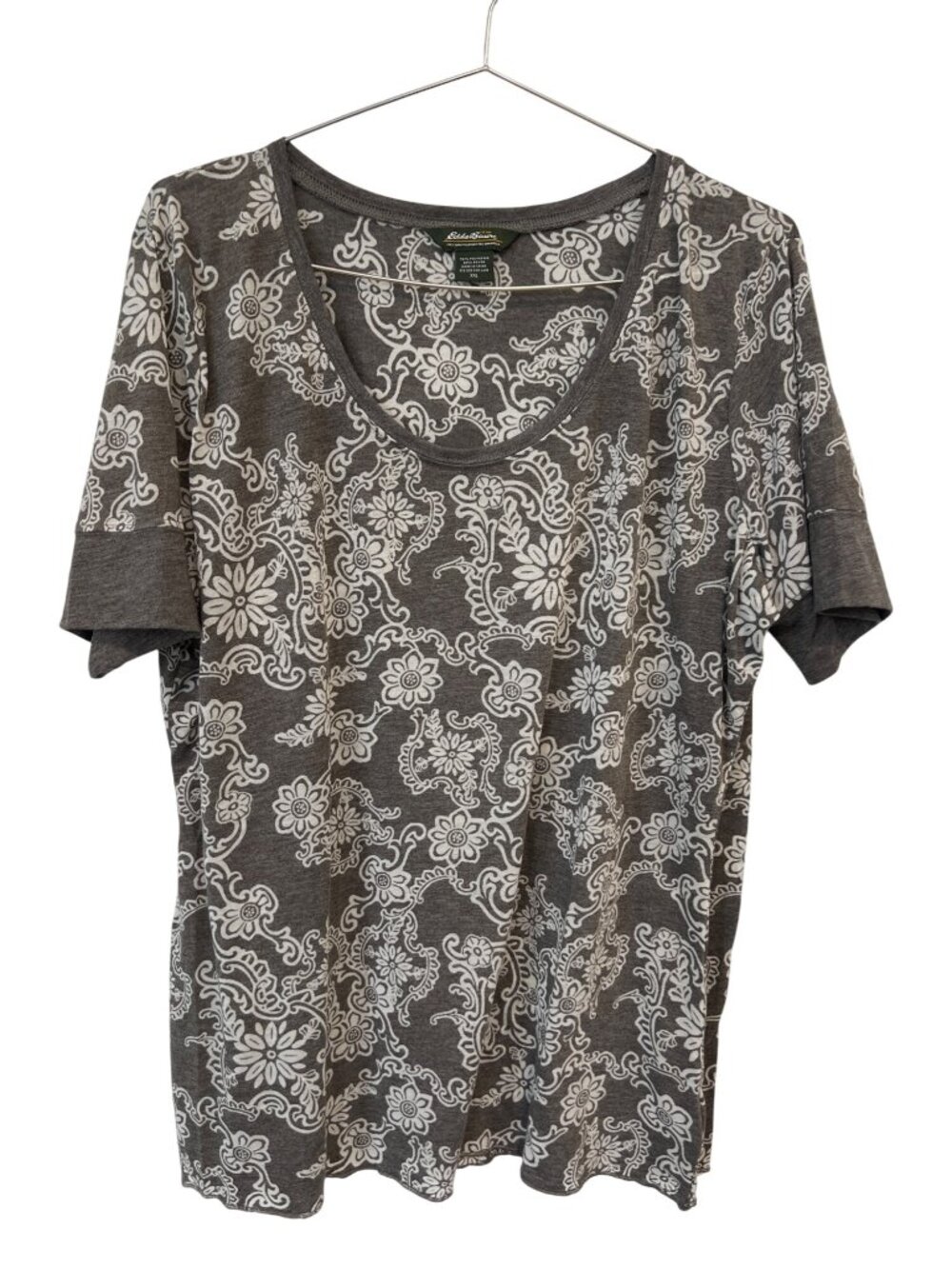 Eddie Bauer Tee Size XXL Floral Short Sleeve Scoop Neck Top Tan Neutral Bohemian